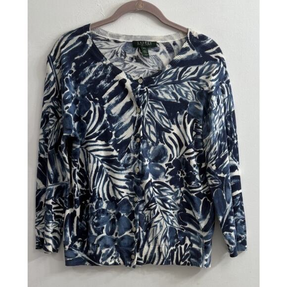 Ralph Lauren Knit Cardigan Sweater‎ RL Petit Large Blue White Floral Design - Picture 1 of 8
